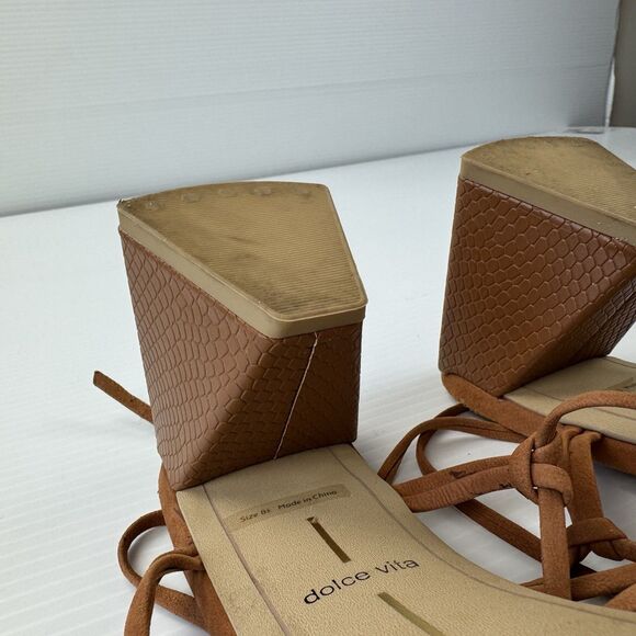 Dolce Vita Kash Cedar Nubuck Tie Up Block Heel Sandals 8.5 Square Toe Strappy - Picture 9 of 16